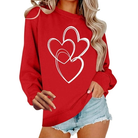 Arlun Valentines Sweatshirts for Women Long Sleeve Cute Love Heart Printed Crewneck Pullover Tops Simple Stylish White Graphic Relaxed Fit 2026 Fashion Holiday Outfits 6-Red XL