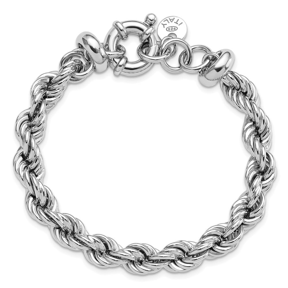 Diamond2Deal 925 Sterling Silver Rhodium-plated Hollow with .5" ext. Rope Chain Bracelet for Men 7.5"