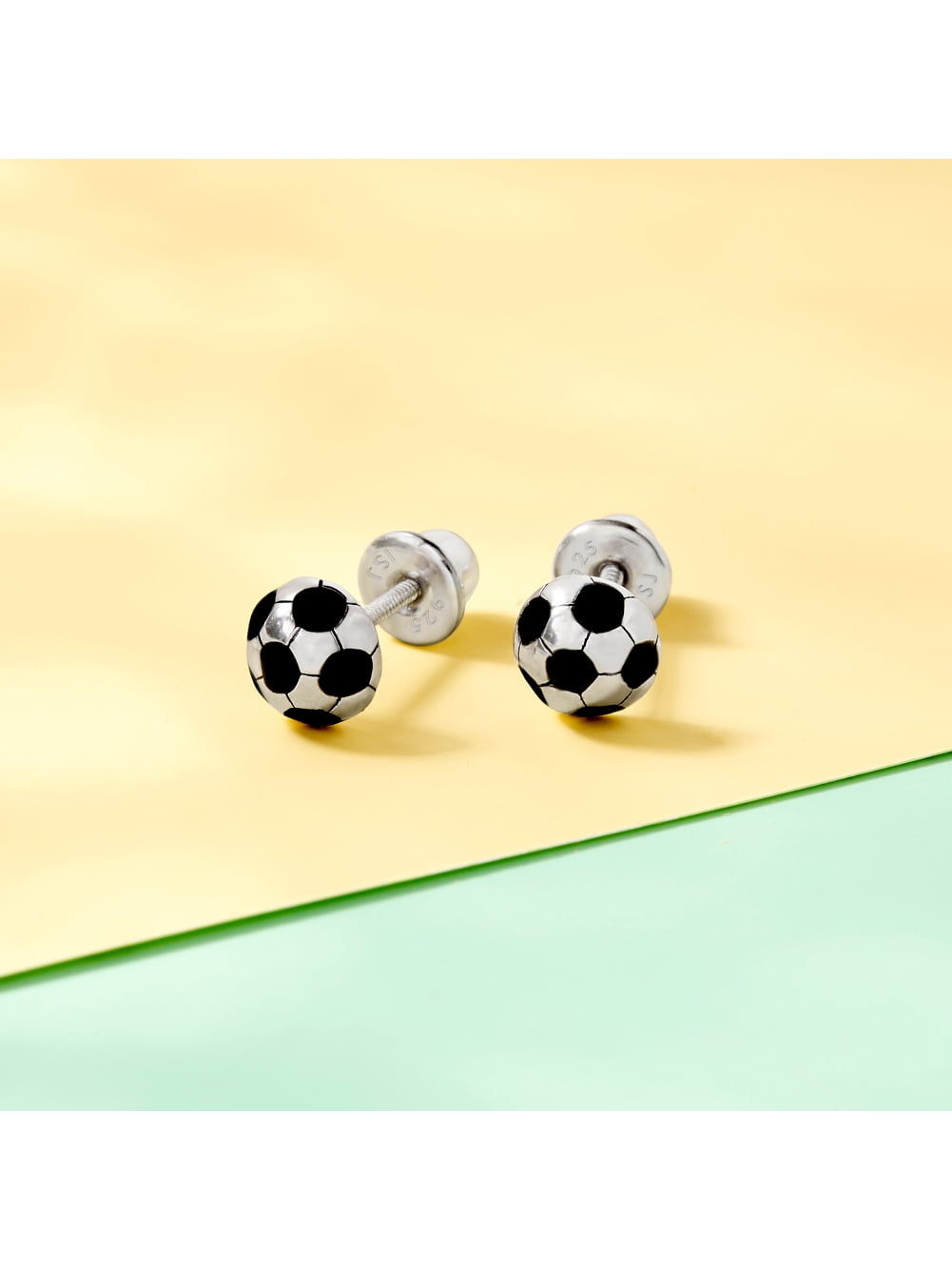 Soccer Ball Children's / Girls Earrings Screw Back Enamel - Sterling Silver