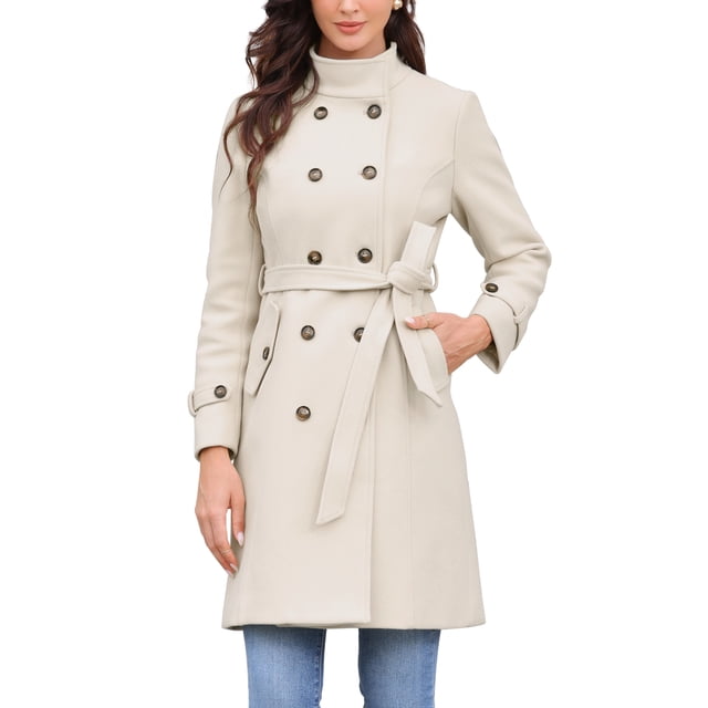 Abrigo de mujer de doble botonadura con cuello alto, abrigo de trench mediano largo, abrigo de invierno con cinturón, XL, blanco