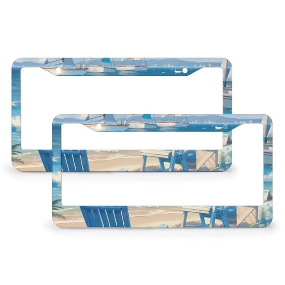 2 PCS Blue Chairs And A Sailboat License Plate Frame Ocean Theme Summer License Plate Frames Cover Holders Quality Aluminum 2 Round Holes for Women Men Auto Decoration Hardware