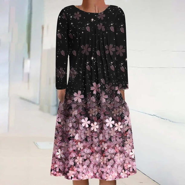 ICHUANYI Clearance Women's Casual Round Neck Long Sleeve Folding Floral Printed Dresses(Black, XL) ICHUANYI WER2023081404372