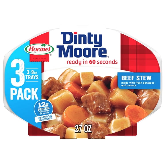 DINTY MOORE Beef Stew, Shelf-Stable, 12 Grams Protein, 9 oz Plastic Microwaveable Tray (3 Pack)