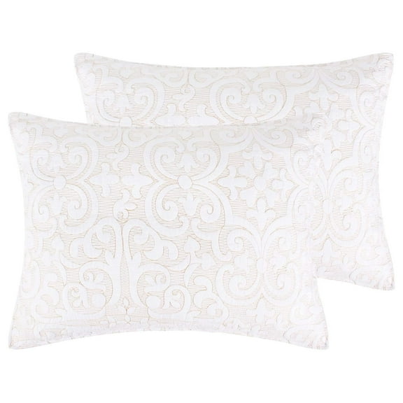 Birch Hill Sherbourne Taupe Stitch Quilted King Sham (20x36in.) - Quilted Medallion White with Taupe Stitch - Cotton Front/Microfiber Reverse - Set of 2 Shams