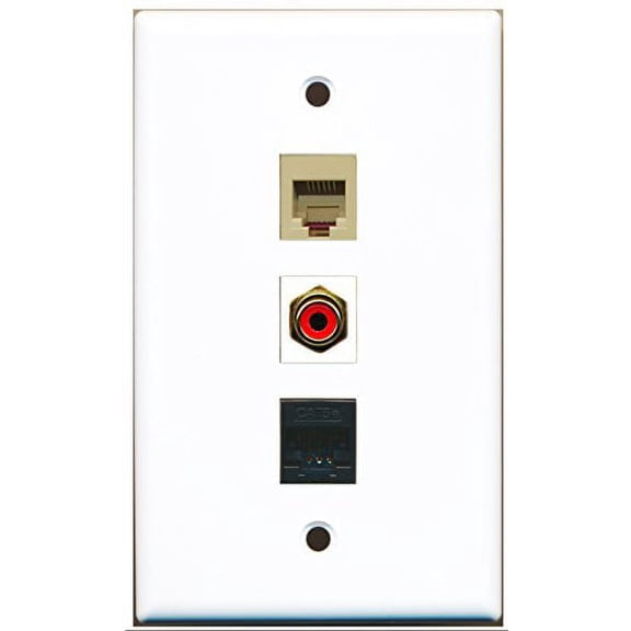 RiteAV - 1 Port RCA Red and 1 Port Phone RJ11 RJ12 Beige and 1 Port Cat5e Ethernet Black Wall Plate