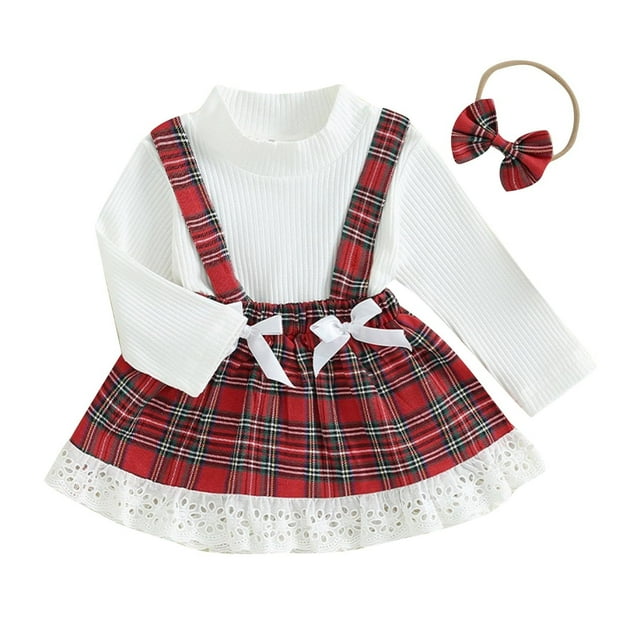 Odeerbi 0-2 Años Conjunto de Navidad Para Niña Vestido de Algodón de Manga Larga Con Cuello Redondo Y Falda de Tirantes A Cuadros Cinta Para La Cabeza Conjunto de Tres Piezas