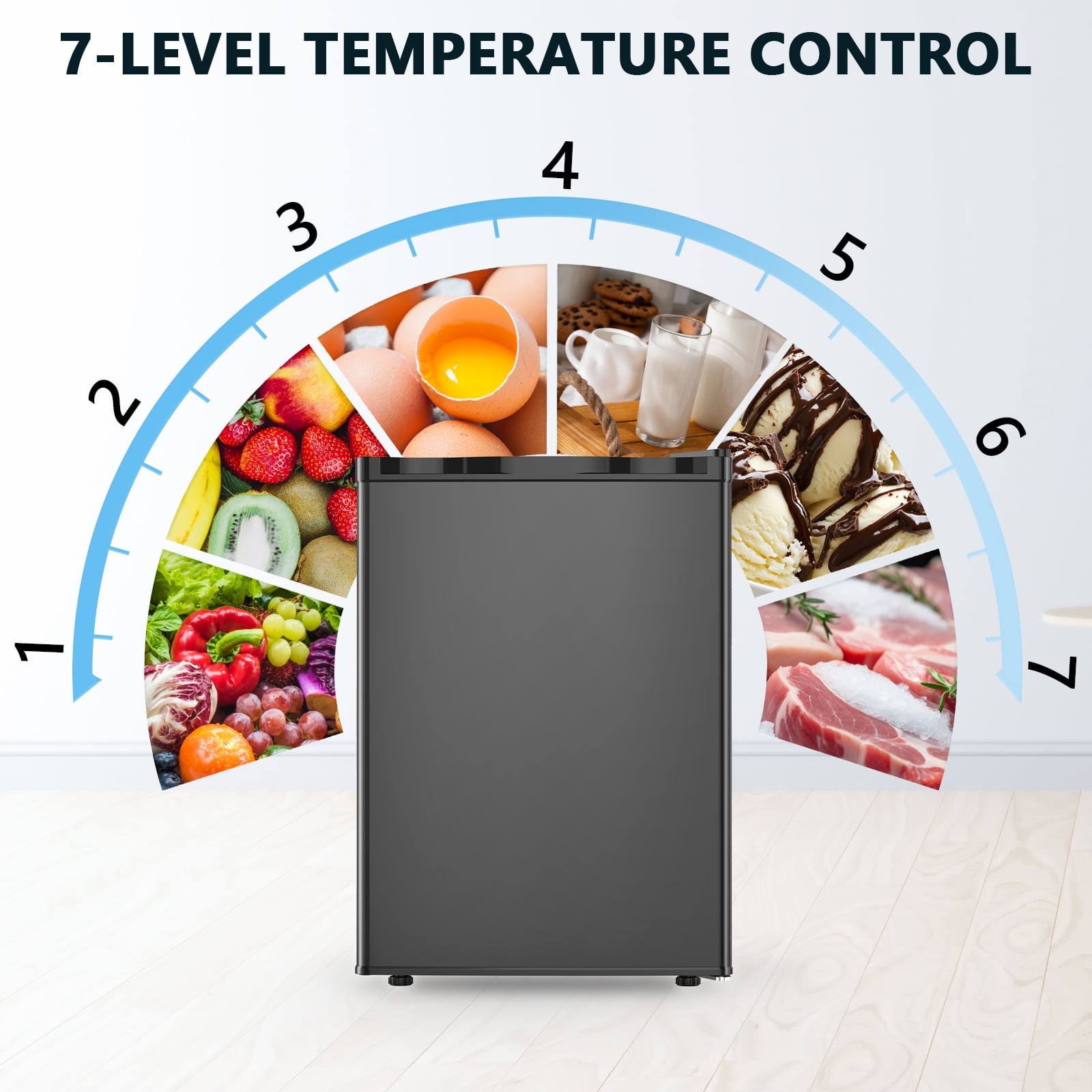 KNDKO 2.6 Cu.ft Mini Fridge with Freezer, Energy Efficient Compact Refrigerator with Reversible Single Door, Removable Glass Shelves for Office, Dorm, Bedroom, Apartment, Black