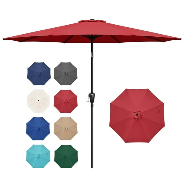 Sombrilla de patio exterior Simple Deluxe de 9 pies con inclinación y manivela, roja