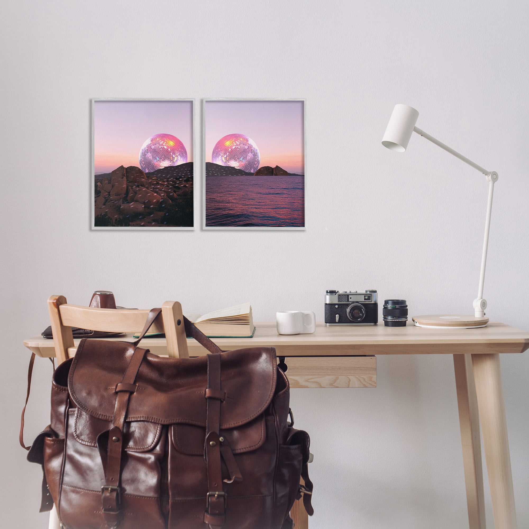 Stupell Industries Surreal Disco Ball Landscape Landscape Painting Gray Framed Art Print Wall Art, 11 x 14, Set of 2
