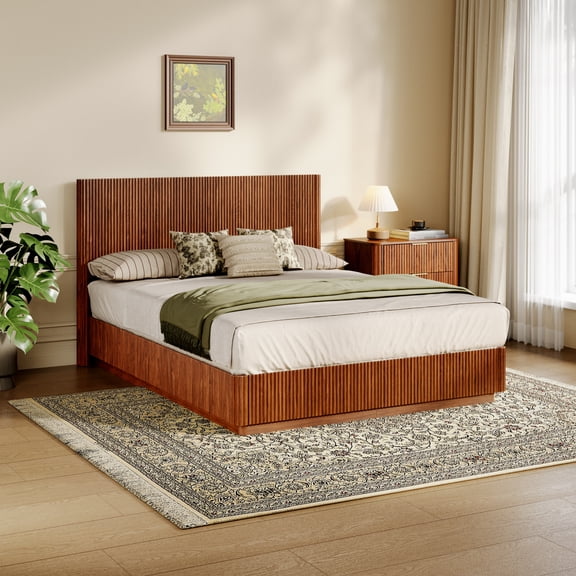 Noble House Lira 82" Queen Floating Bed Frame with LED Lights, Modern Curved Wooden Platform Bed, Walnut
