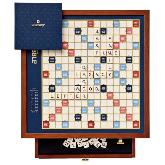 WS Game Company Scrabble Legacy Edition Deluxe Rotating Cherry Wood Cabinet with Integrated Storage, Raised Tile Grid and Cast Resin Letter Tiles | Premium Collector's Game Set for 2-4 Players