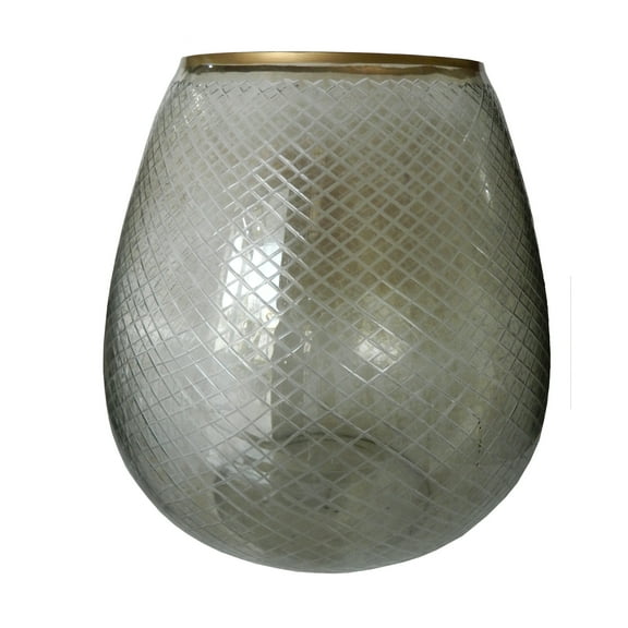 A&B Home Cross-Cut Pattern Glass with Metallic Rim Candle Holder - Gray Luster, Gold Finish