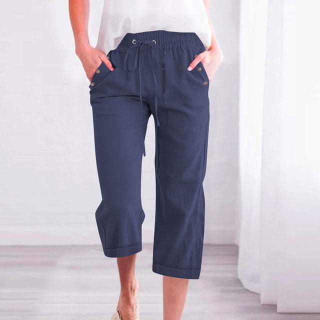 Aboser Womens Wide Leg Lounge Capri Pants with Pockets Plus Size Open Buttom Capris Breathable Cotton Linen Beach Pants Drawstring Elastic High Waisted Cropped Trousers