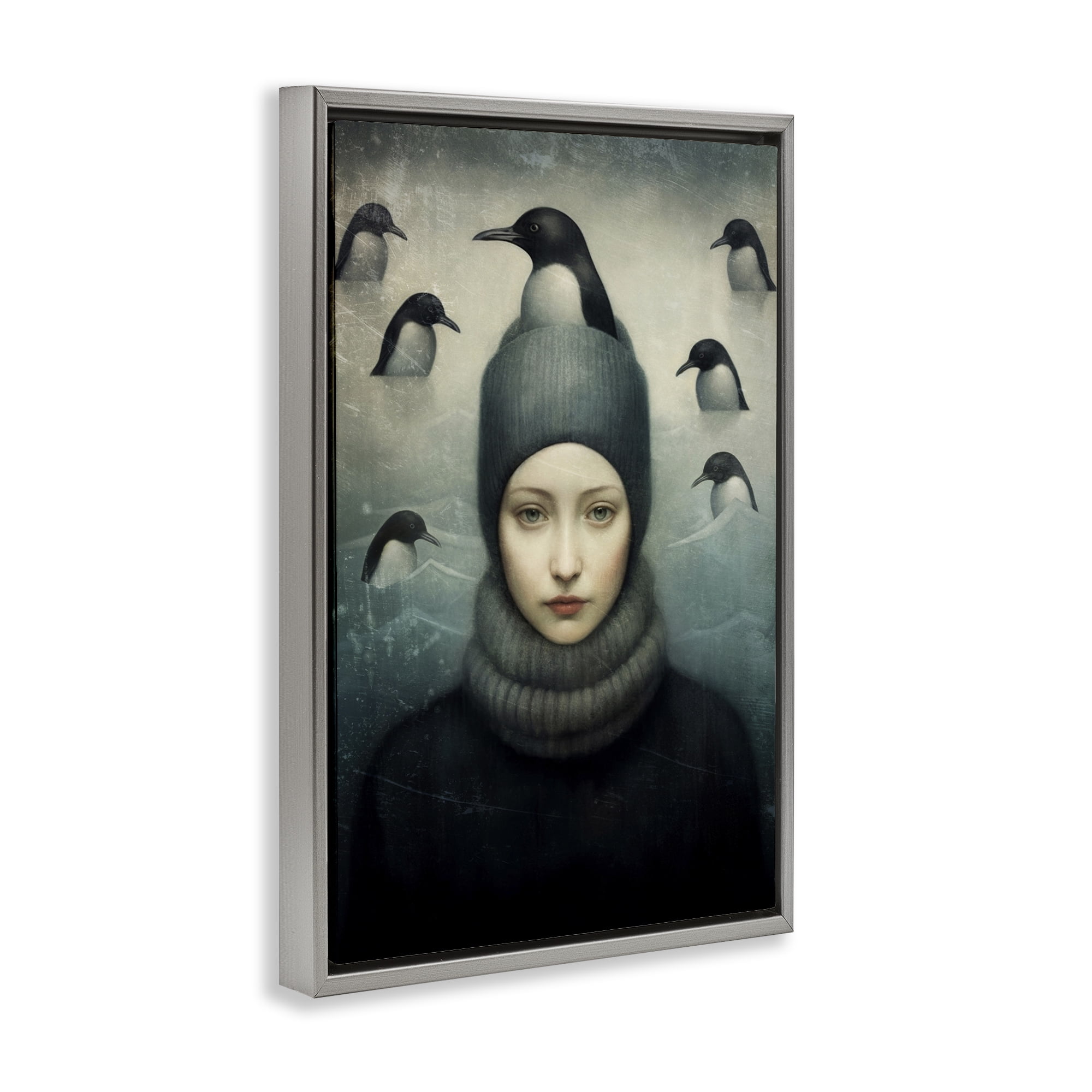 Stupell Industries Peeking Penguins & Woman People Painting Gray Floater Framed Canvas Art Print Wall Art, 17 x 25