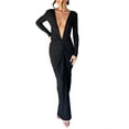 thumbnail image 2 of SUNSIOM Robe Longue Moulante pour Femmes Couleur Unie Col en V Profond Froncée Manches Longues Élégante Ajustée Soirée Club Robe d'Été, 2 of 6