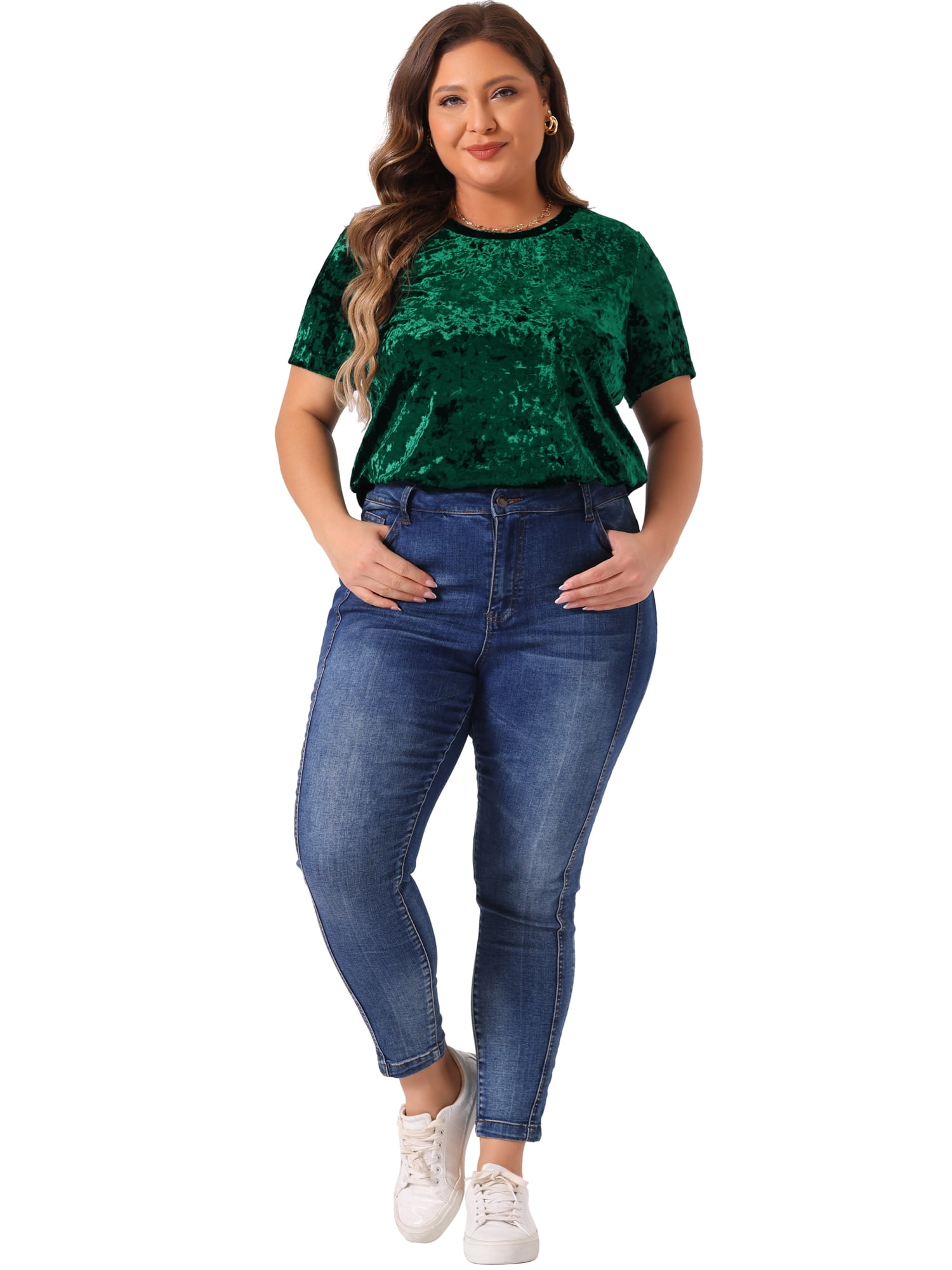 DARING DIVA Women's Plus Crew Neck Short Sleeve Tee Tops Velvet T-Shirt 1X Dark Green