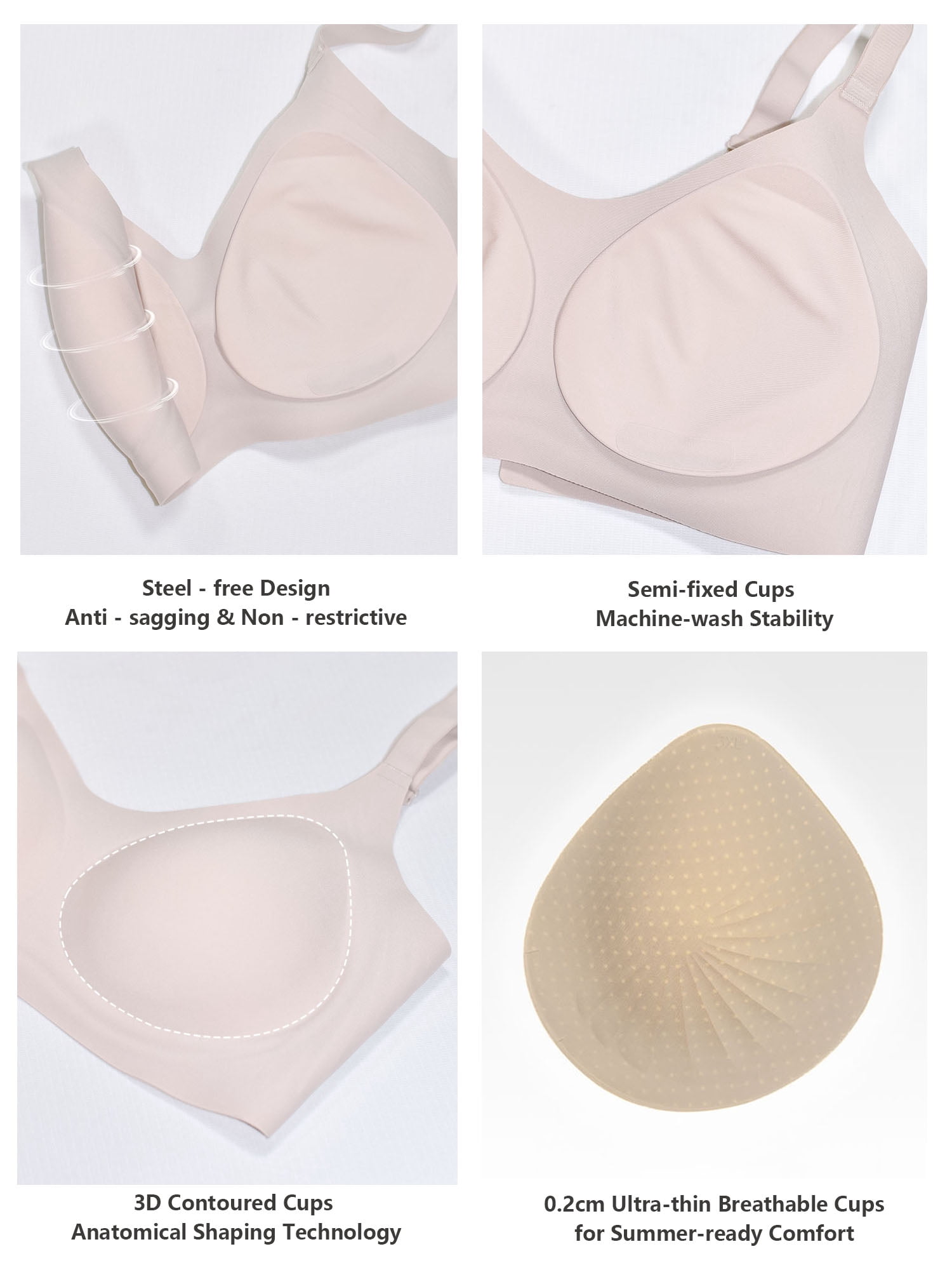 YOURISS Seamless Plus Size Bra Wireless Full Coverage Support Bra Beige 2XL Comfort Everyday T-Shirt Bra Gift for Mother’s Day Christmas