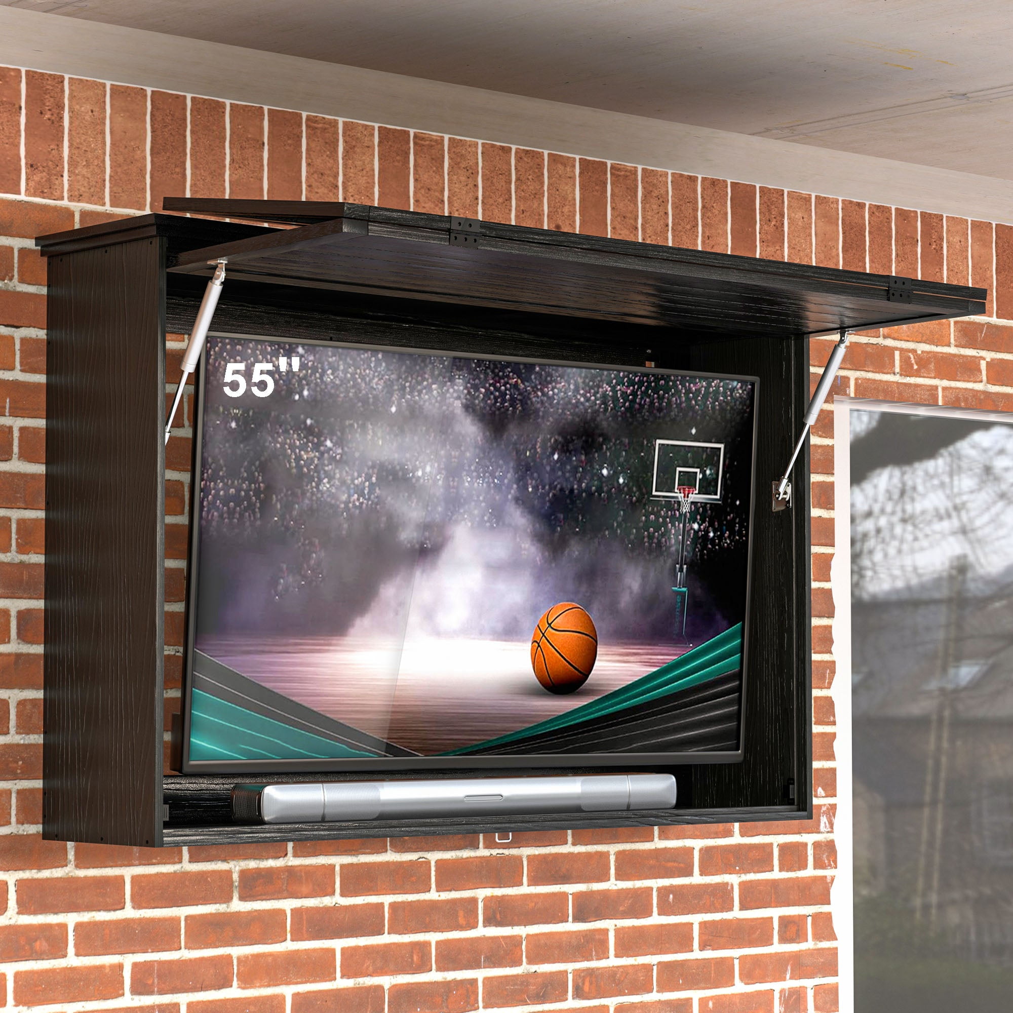 GDLF Outdoor TV Enclosure Solid Wood TV Cover 55 Inch Weatherproof with Premium Dual-Arm TV Mount