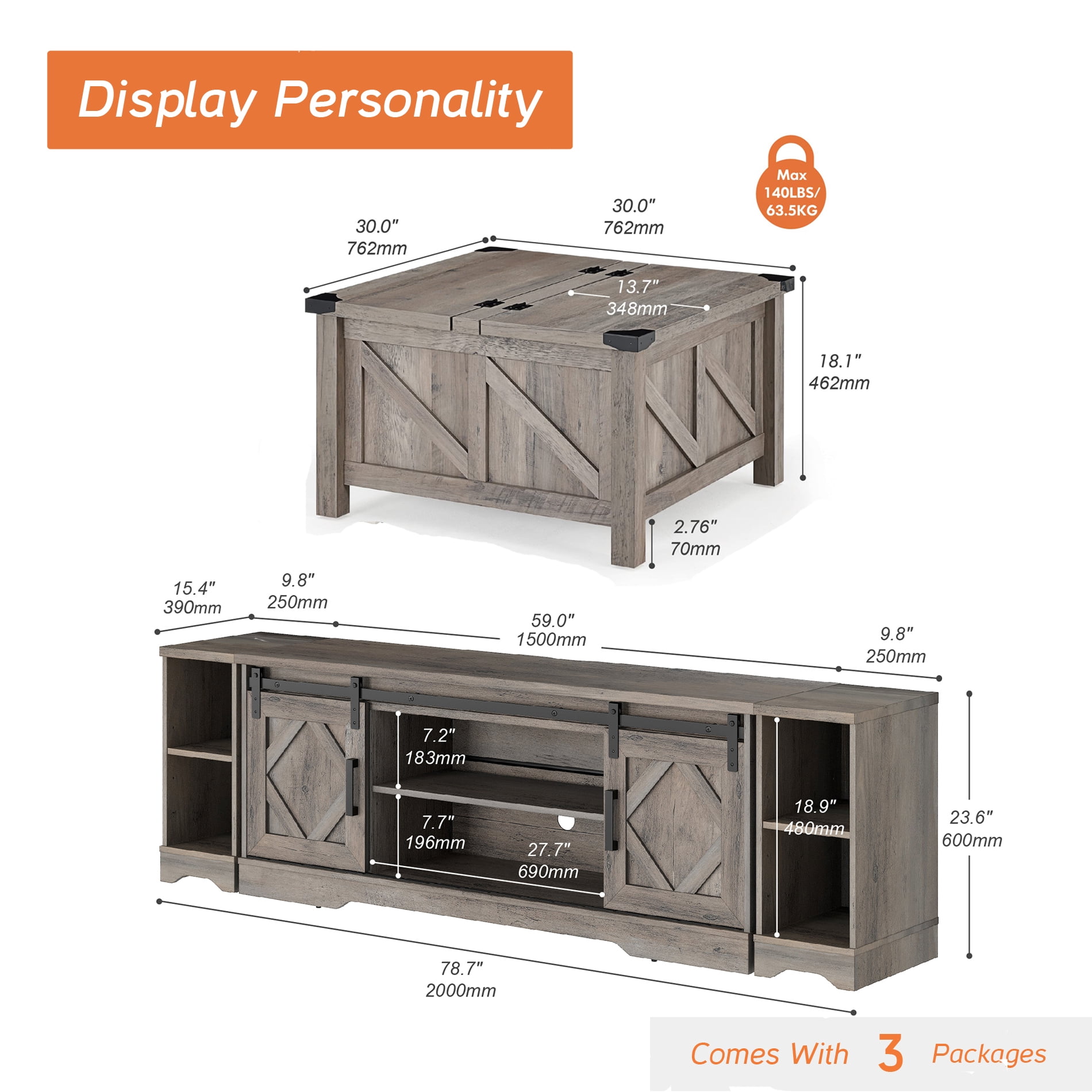 WAMPAT Farmhouse 85 inch TV Stand and Coffee Table Set of 2, Entertainment Center for TVs Up to 85", 30 inch Square Wood Coffee Table with Gas Spring Flip-Top for Living Room,Washed Grey