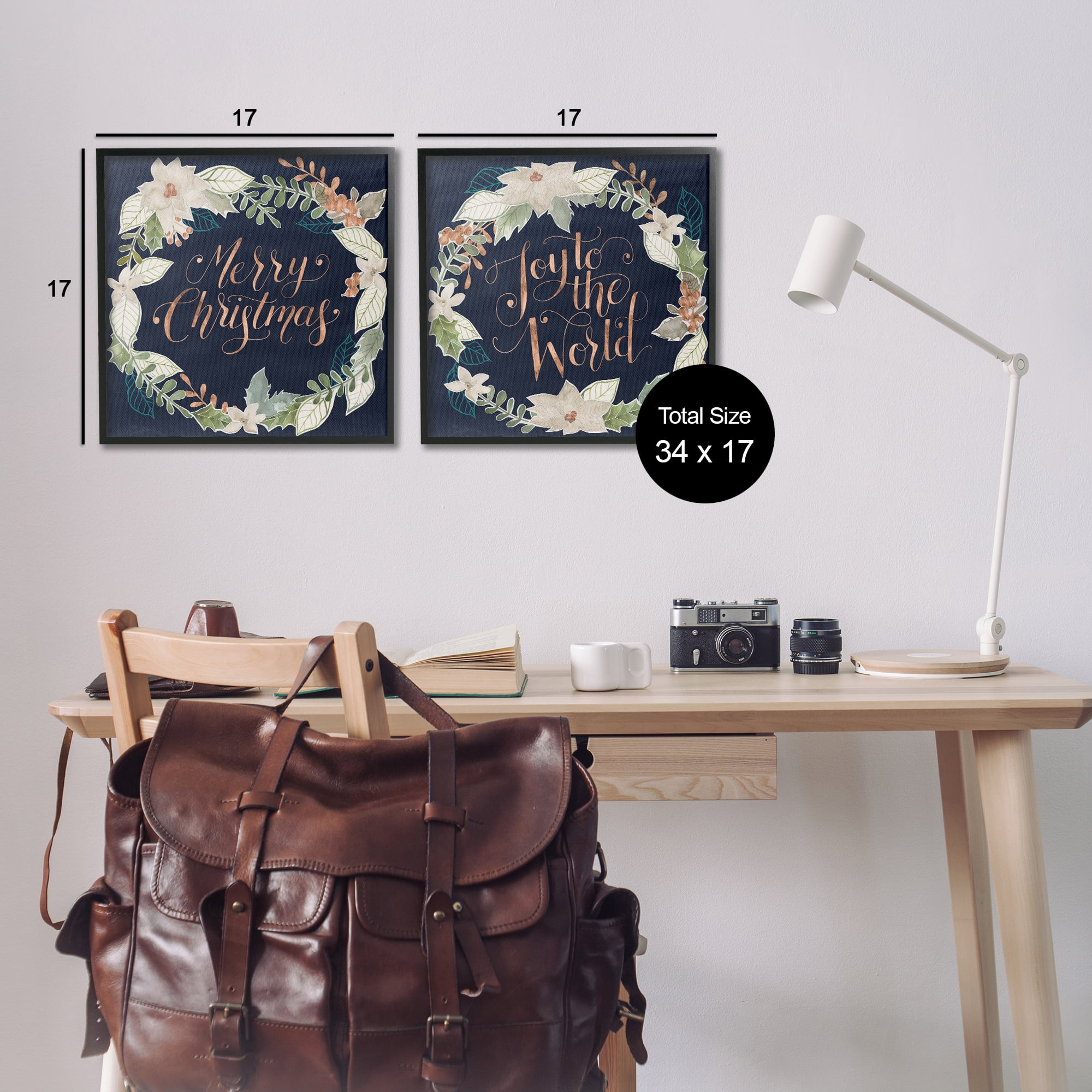 Stupell Industries Merry Christmas Joy Wreath Holiday Painting Black Framed Art Prints Wall Art, 17 x 17, Set of 2