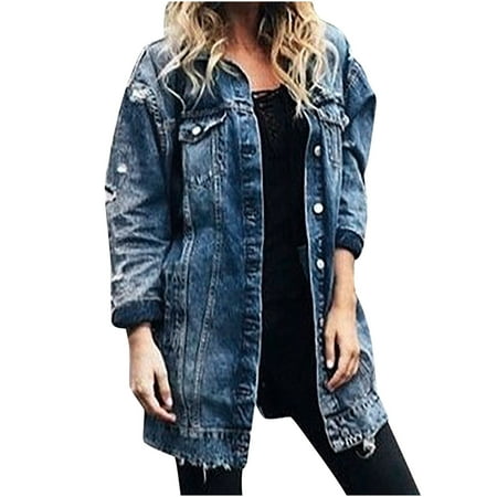 

Ziloco Long Sleeve Hoodless Casual Outwear & Jackets Scrub Jackets For Women Women s Mid Length Casual Handsome Denim Trench Coat With Ripped Pockets Blue M