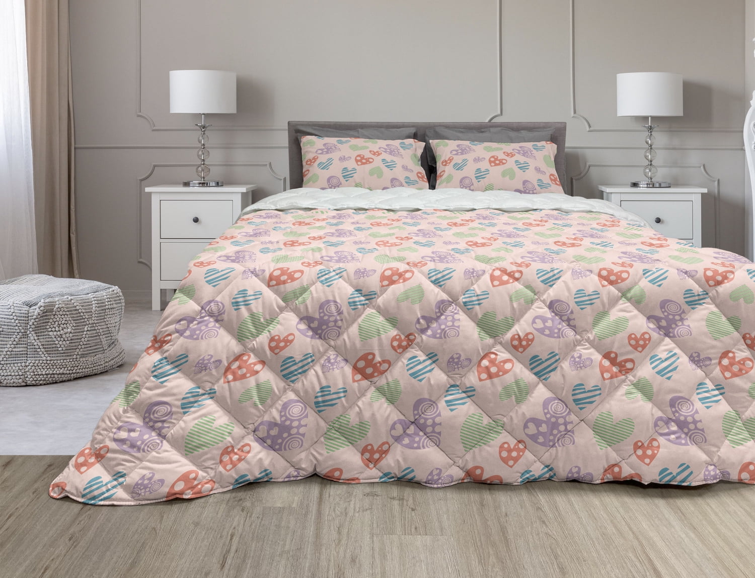 Love Comforter & Sham Bedding Set, Various Ornamental Hearts in Pastel