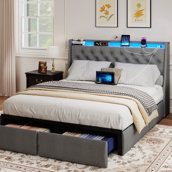 Anyhave Full Size Bed Frame with Button Tufted Headboard, 2 Storage Drawers, LED Lights, Charging Station, Gray