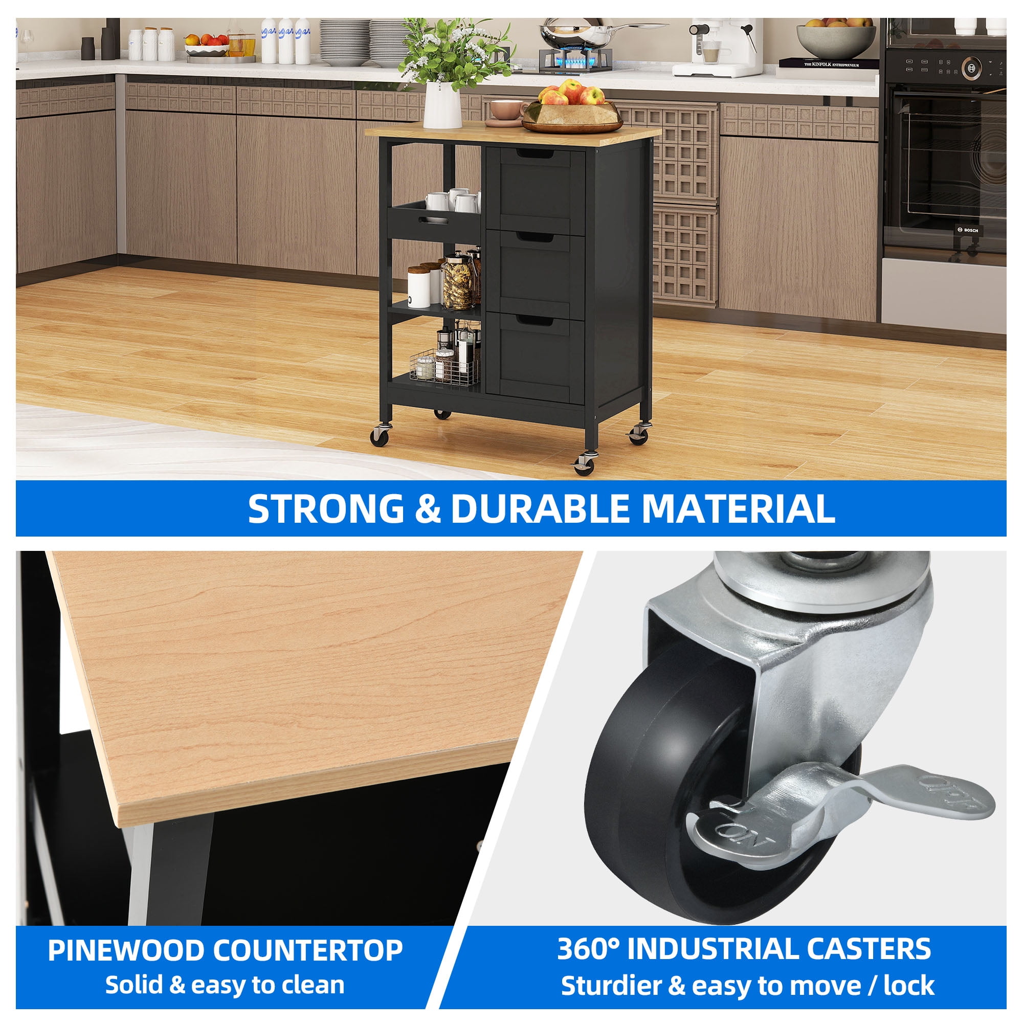 Dextrus Rolling Kitchen Island with Drawers, 3-Tier Kitchen Storage Cart with Shelves, Black