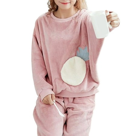 

Huasheng 2 Pcs Winter Loungewear Set Thicken Two Piece Set Sweet Warm Long Sleeves Pullover Cartoon Peach Print Breathable Winter Sleeping Set Women Clothes