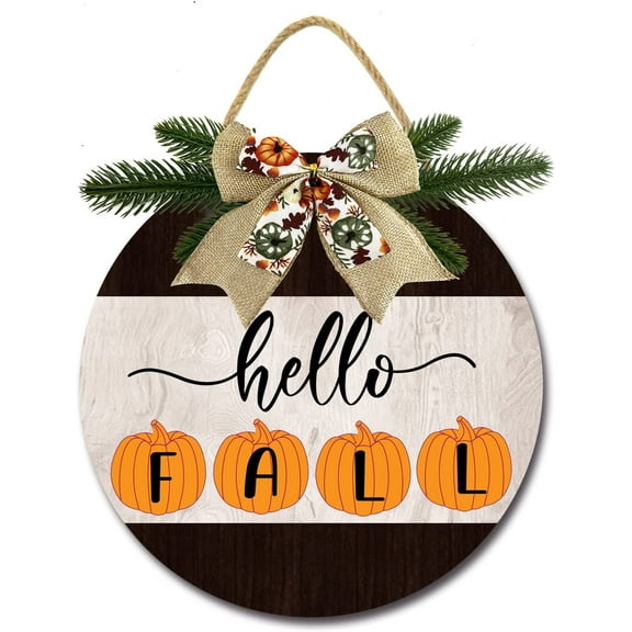 Eveokoki 12" Hello Fall Signs for Front Door Farmhouse Porch, Rustic Round Wooden Hanging Wreaths for Housewarming Gift Festival Decoration Outdoor Indoor Wall Decor