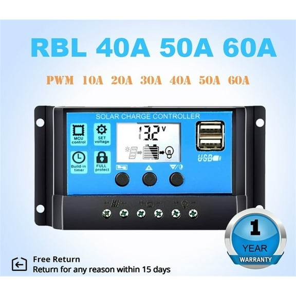 60A 50A 40A Solar Charge Controller PWM 12V 24V Regulator Solar Panel PV Home Battery Charger LCD Dual USB 5V Output ,Multiple Safety Protections