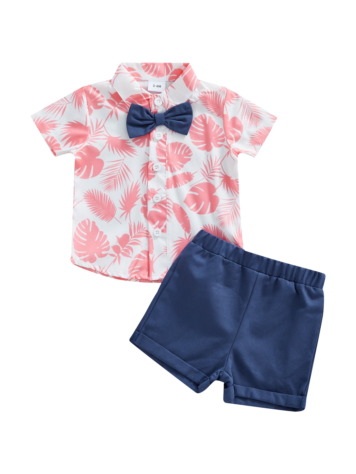Toddler Baby Boy Short Sleeve Bow Tie Gentleman Leaf Printed Tops+Shorts Outfits 