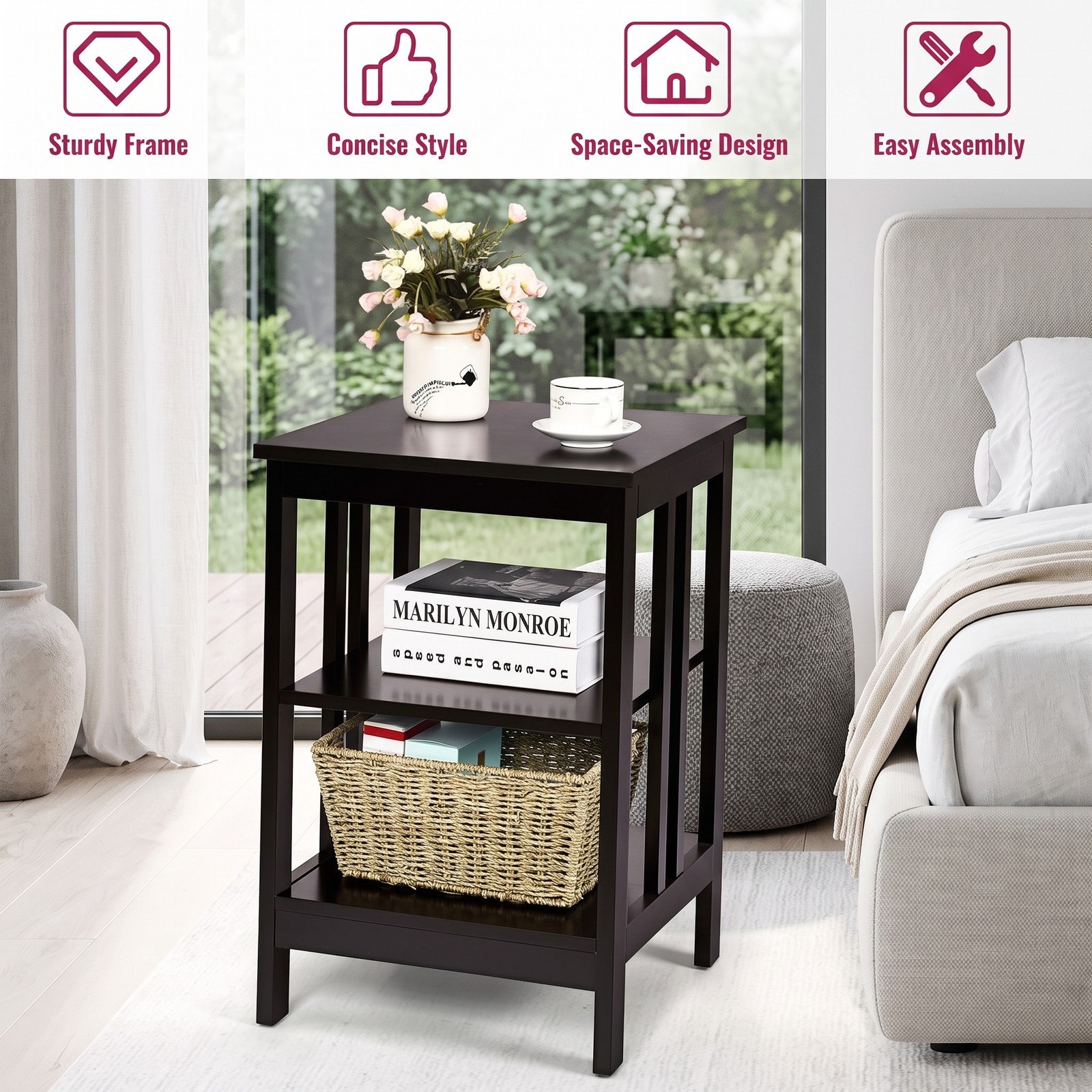 Furnibear 2 Pieces 3-Tier Nightstand, MDF Bedside End Side Table with Reinforced Bars, Open Shelf Storage Night Stand for Bedroom Living Room Entryway, Dark Brown