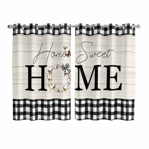 Farmhouse Home Kitchen Curtains 72 Inch Length, Black Plaid Vintage Wood Grain Butterfly Grommet Top Bedroom Living Room Curtains, Light Filtering Cafe Curtain Drapes 2 Panels Set 104''x72''