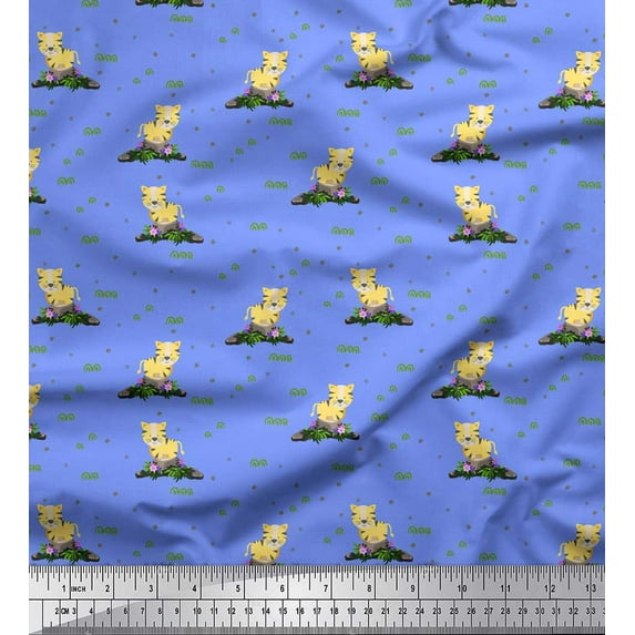 Soimoi Blue polyester Crepe Fabric Grass & Lion Cartoon Print Sewing Fabric Yard 42 Inch Wide