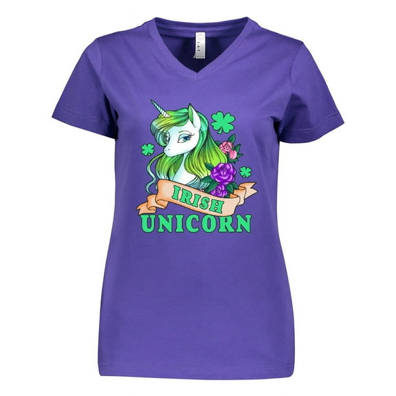 Inktastic St Patricks Day Irish Unicorn Illustration with Shamrocks Women's V-Neck T-Shirt