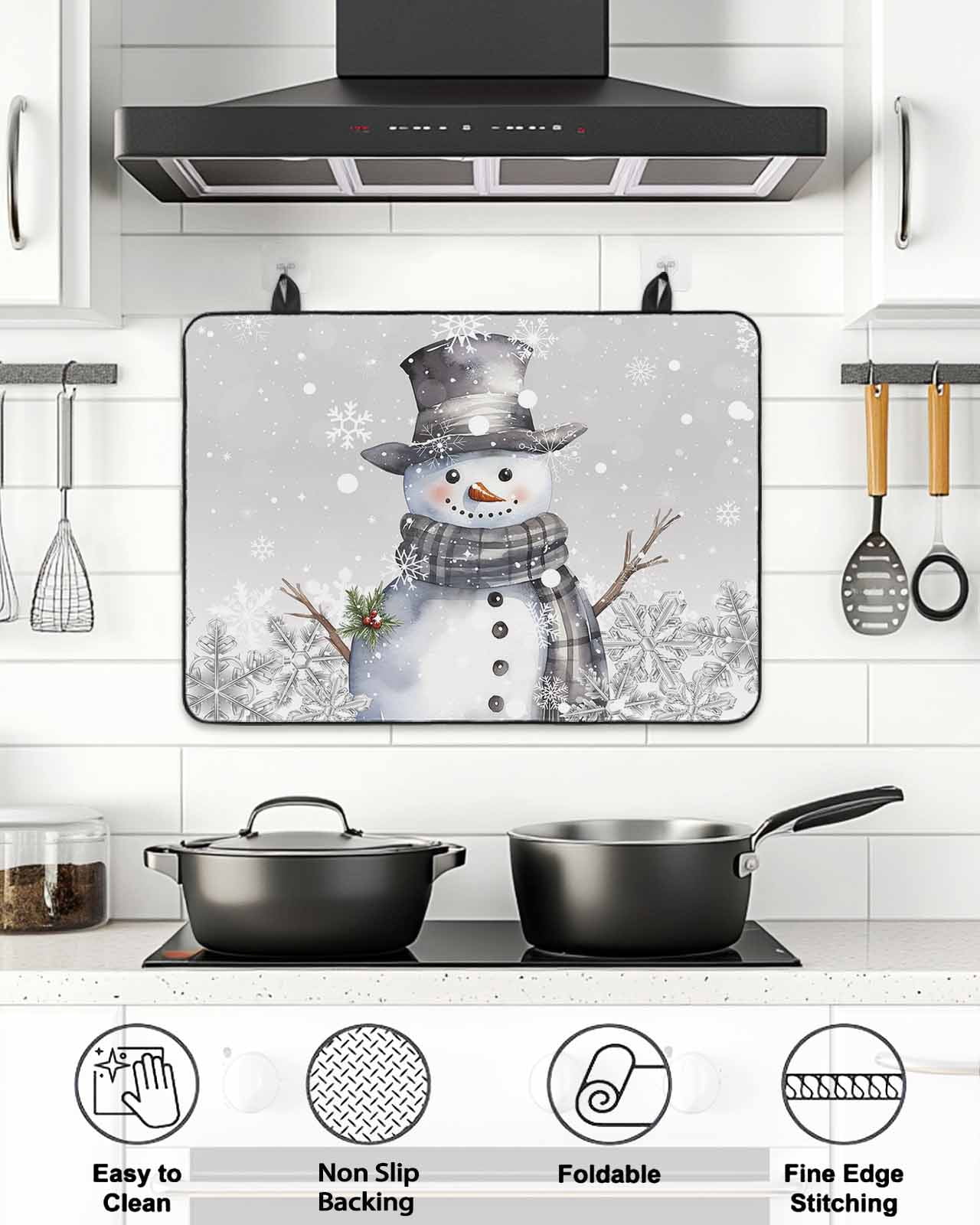 Merry Christmas Stove Top Covers for Electric Stove, 28'x20'' Grey Snowman and Whinter Snowflake Glass Ceramic Stove Cover Foldable Rubber Mat Heat Resistant Cooktop Protector for Kitchen