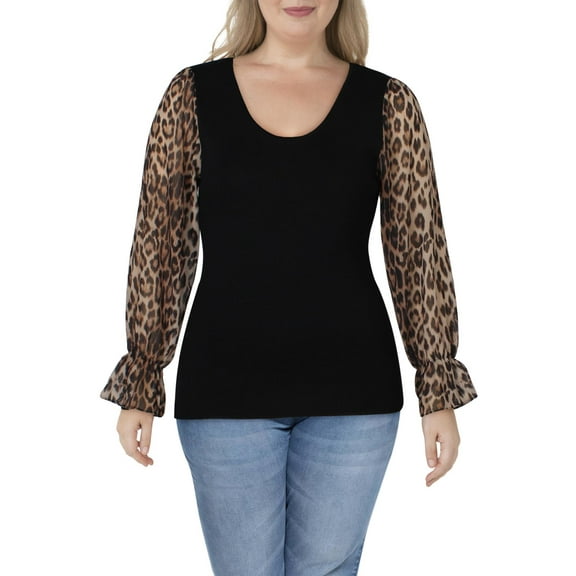 INC Womens Leopard Print U-Neck Sweater Black XL