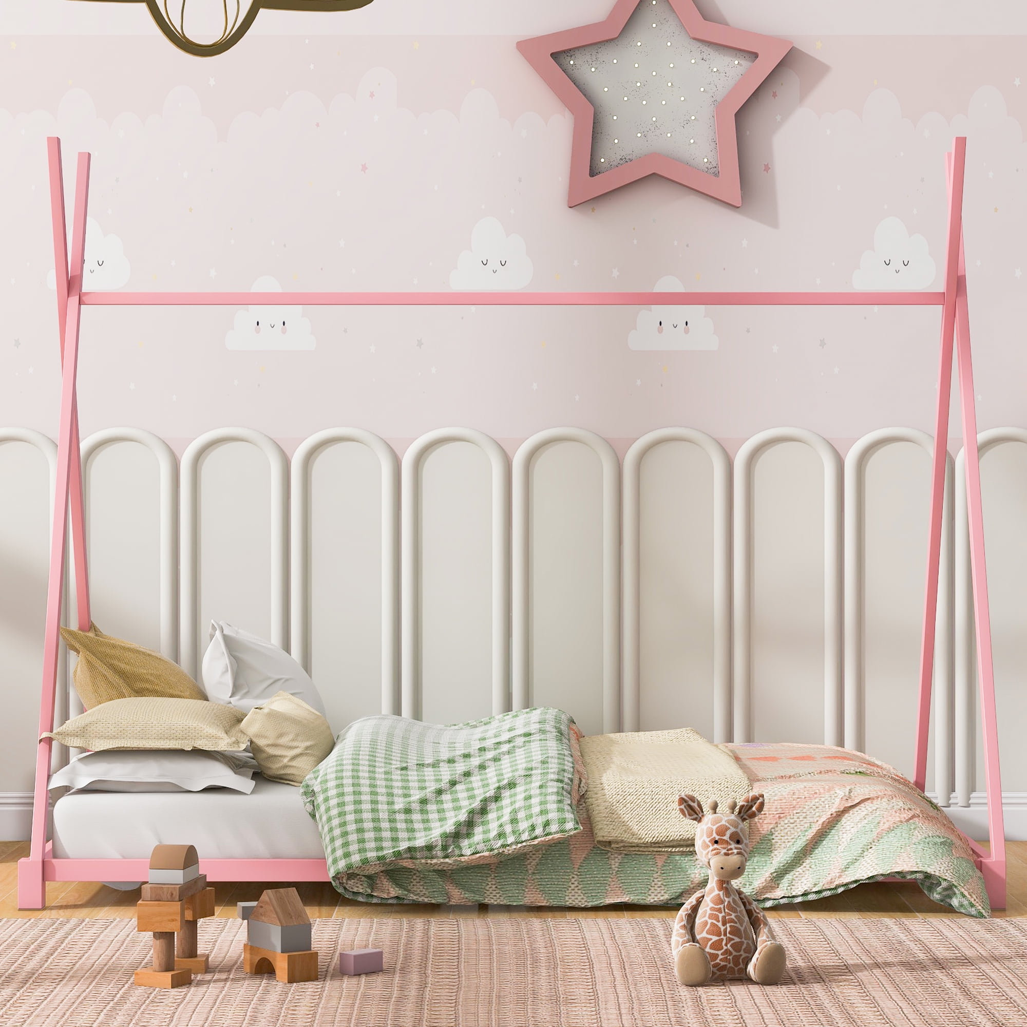 Yoneston Kids Wood Twin Size Platform Bed, Canopy Tent Bed for Living Room Bedroom, Pink