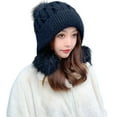 thumbnail image 5 of Skymirror Women Knitted Hat Three Pompoms Solid Color Brimless Windproof Autumn Winter Thermal Beanie Hat Ear Flap Hat Daily Wear, 5 of 8