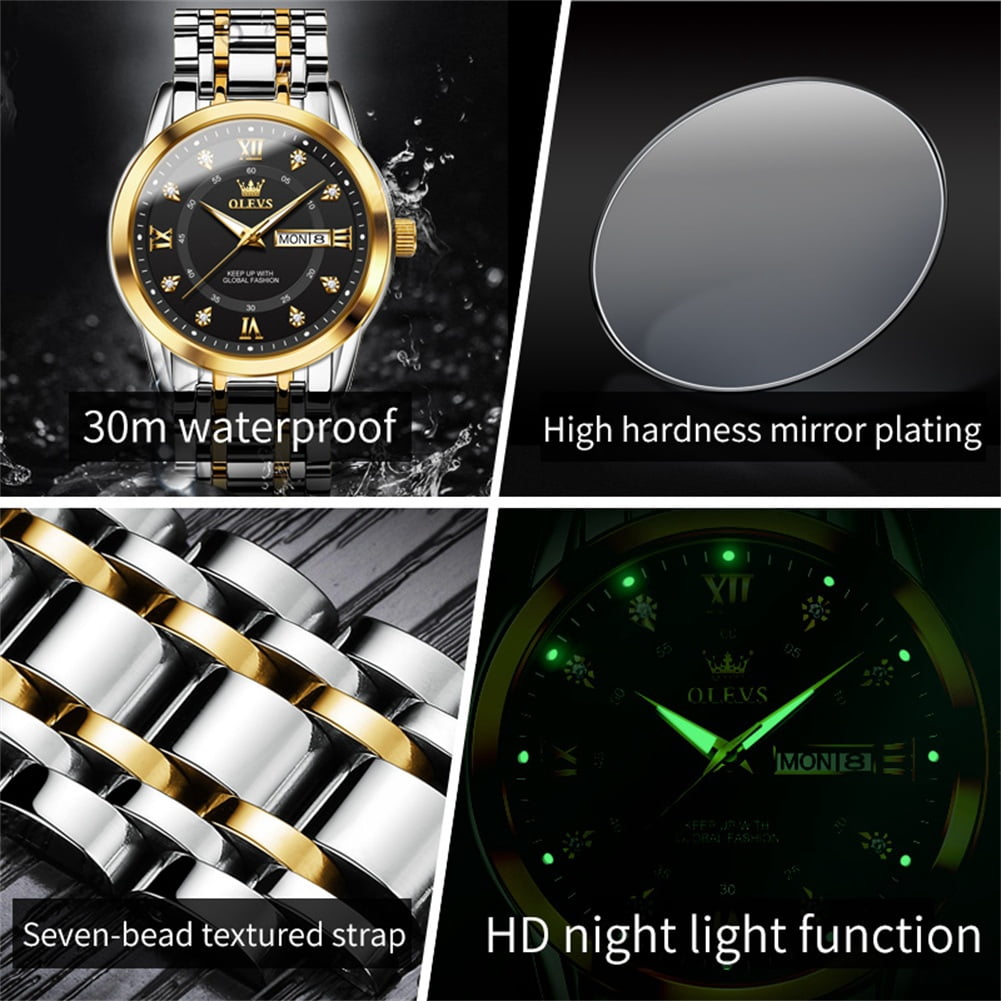 OLEVS Watches for Men Classic Business Dress Analog Quartz Stainless Steel Waterproof Luminous Date Diamond Mens Wrist Watches Relojes De Hombre,Gold/Blue/Black Dial