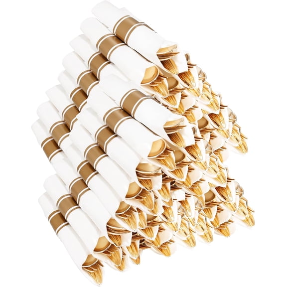 400PCS Pre Rolled Gold Plastic Silverware Sets - Heavy Duty Hammered Gold Cutlery Include 100 Pack Wrapped Disposable Utensils with Napkins for Parties, Dinners & Weddings