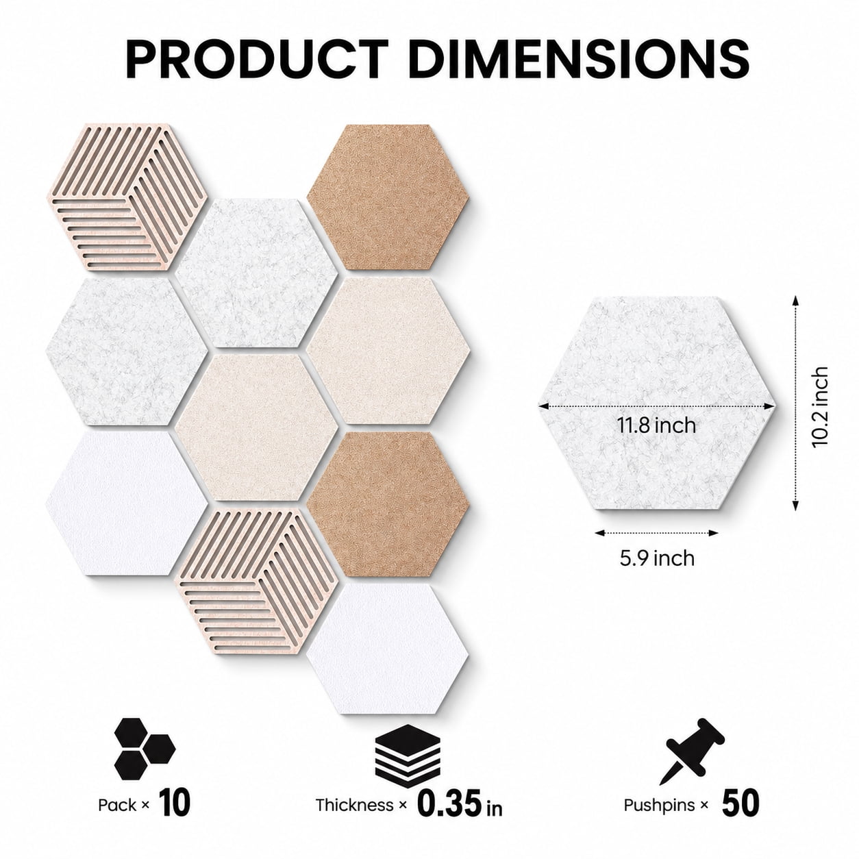 HBK Hexagon Cork Tiles 10 pack with 50 Pins, Self-Adhesive Wall Bulletin for Home Office Decor, Classroom Organization and Photo Display