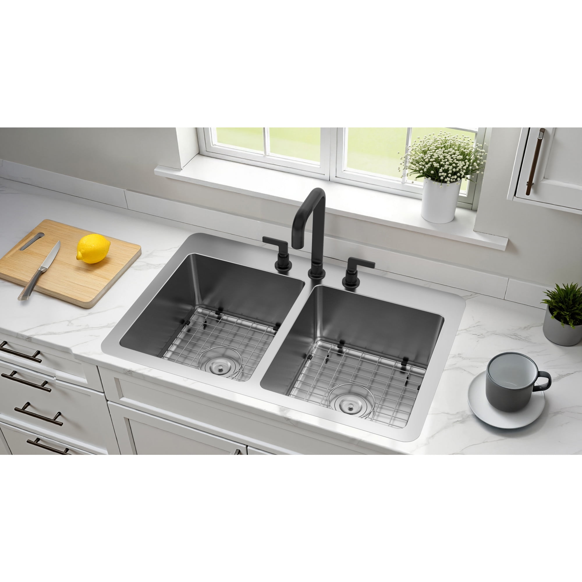 Kingston Brass GKDD332293 Calgary 33-Inch Stainless Steel Double Bowl Dual Mount Kitchen Sink with Drain in Brushed
