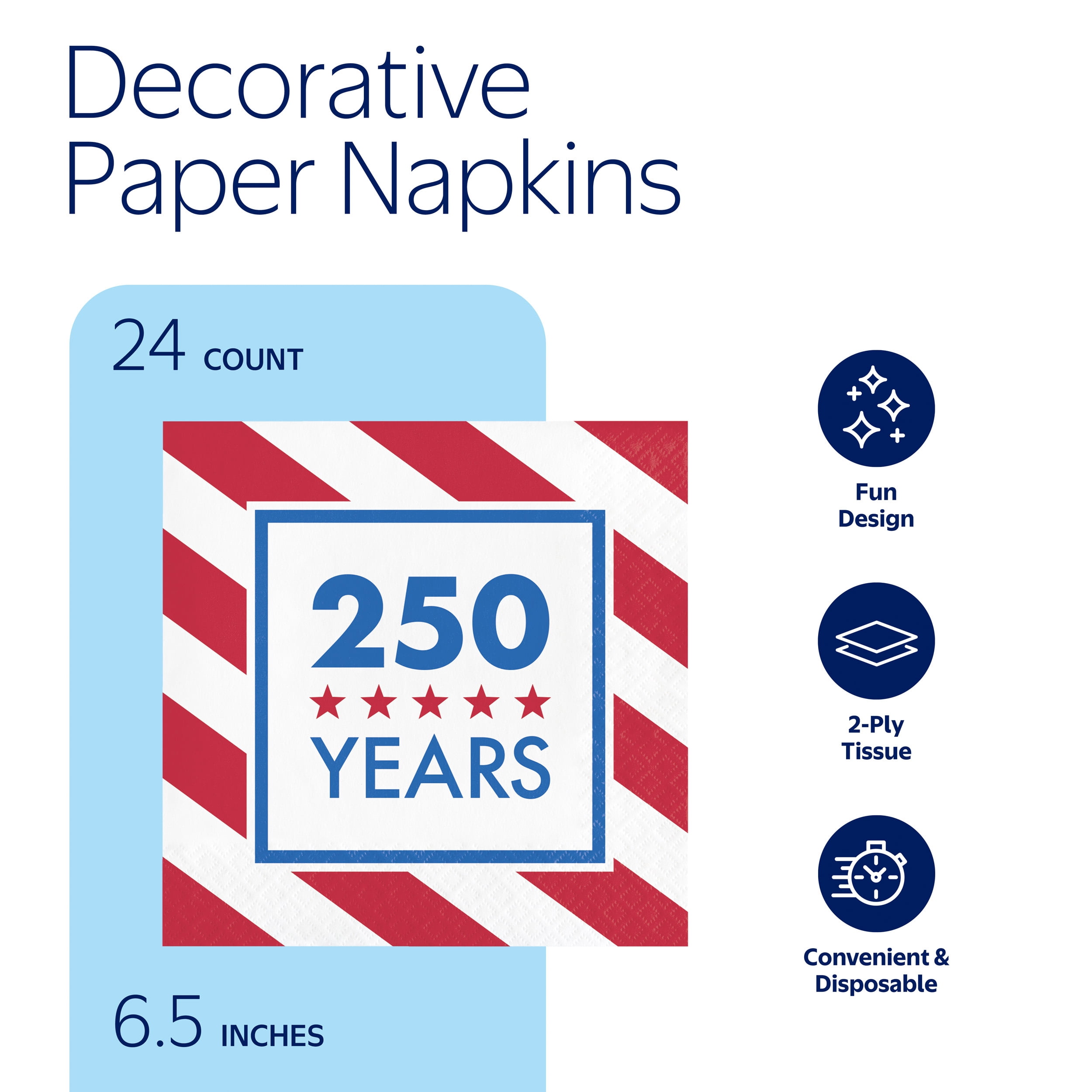 Way to Celebrate Patriotic Lunch Napkins, 6.5" x 6.5", Red, White & Blue, 24 Count