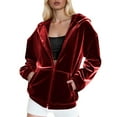 thumbnail image 3 of TKLPEHG Women's Velour Hooded Jacket Casual Long Sleeve Hoodies Coats Full Zip Up Outerwear Soft Warm Velvet Jacket with Pockets (Red,L), 3 of 6