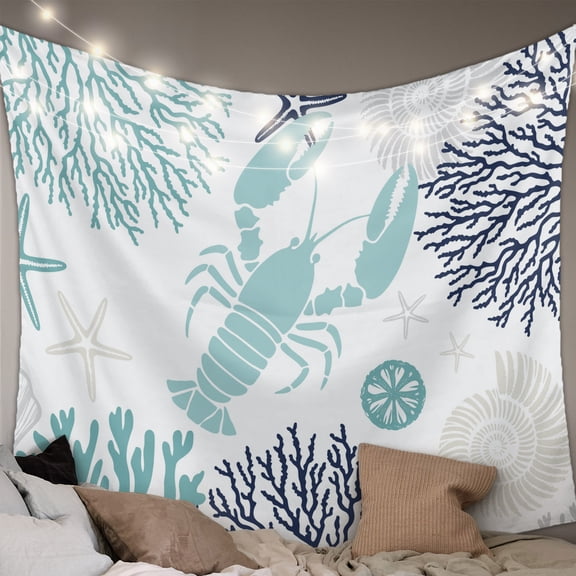 Turquoise Coastal Large Tapestry for Bedroom Wall Hanging Tapestry, Summer Lobster Coral Nautical Ceiling Backdrop Tapestries Poster Blanket Wall Decor for Teens Room Living Room Dorm 85" x 90"