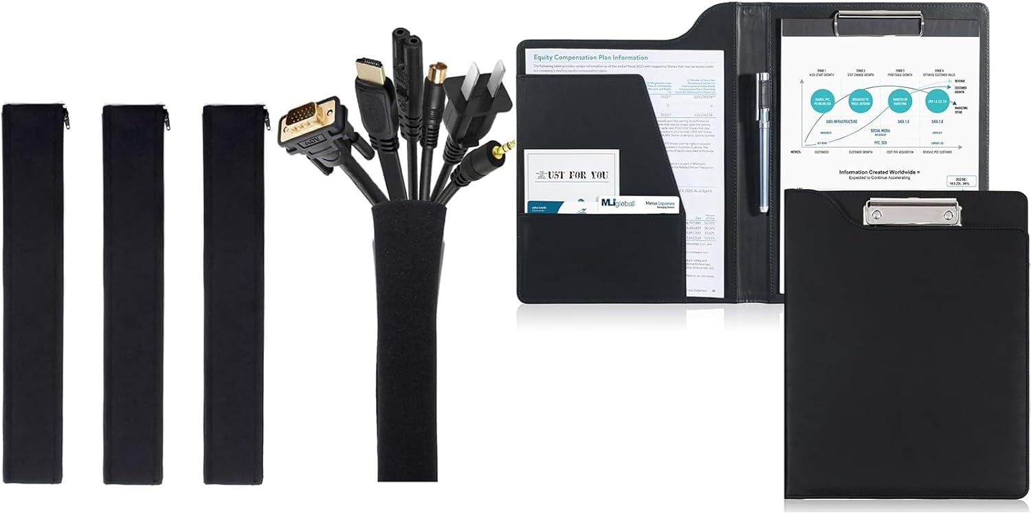 FEFEFW-4 Pack Cable Management Sleeve Bundle with Clipboard Folder Portfolio