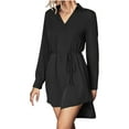 thumbnail image 4 of Fall Dresses for Women Long Sleeve V Neck Solid Color Short Shirts Dress Tie Waist Hi-Lo Hem Casual Work Mini Dress, 4 of 7