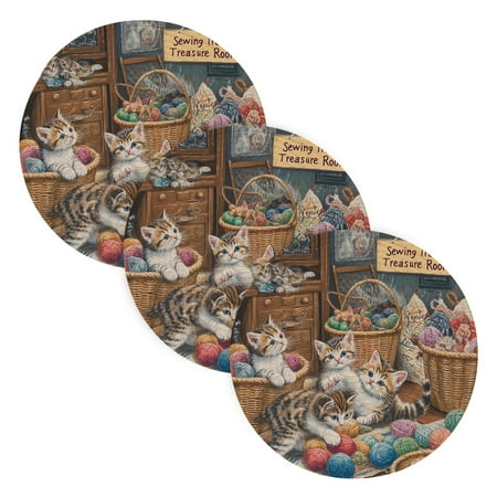 

BZSMCE Mats for Pots Pans Place Kittens Enjoying with Yarn Balls Simple Style Pattern Pot Mats